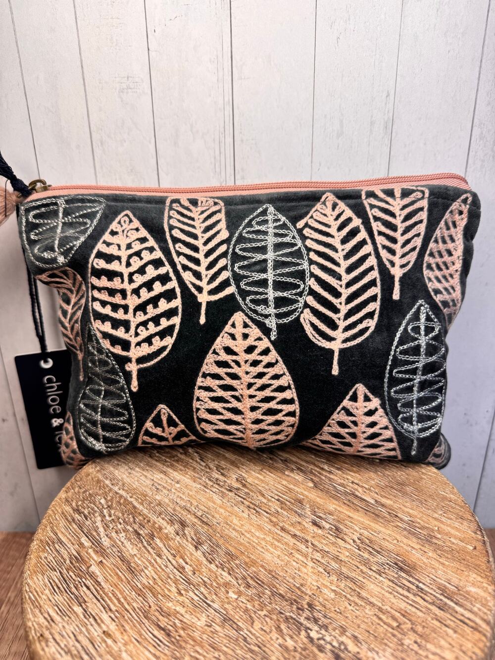 Pink Gray Velvet Pouch Leaves Large Makeup Bag 10.5 x 7 inches NEW FAST SHIP